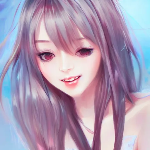 Image similar to cute girl smiling blushing kawaii lovely art drawn in art style of WLOP full HD 4K highest quality realistic beautiful gorgeous natural WLOP artist painting