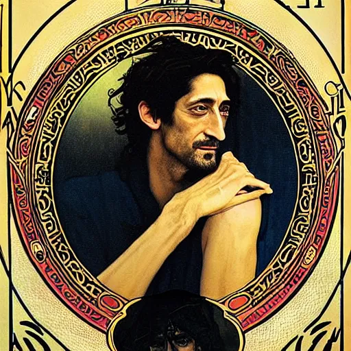 Prompt: adrien brody portrait by louis - theophile hingre and alphonse mucha, realistic, sharp focus, zodiac signs, tarot cards, planets, ethereal, art nouveau, magic, moon, sun, crown, dreamy, royal, jewellery