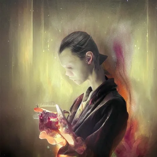 Image similar to A painting. A rip in spacetime. Did this device in her hand open a portal to another dimension or reality?! by Ryohei Hase, by Reylia Slaby precise