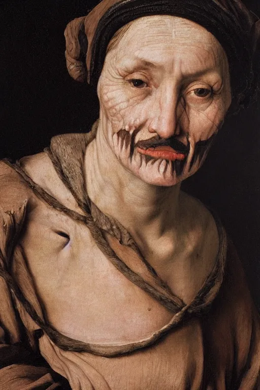 Image similar to hyperrealism extreme close-up portrait of medieval female with with leprosy, with mustache, pale skin, wearing cylinder hat, in style of Caravaggio