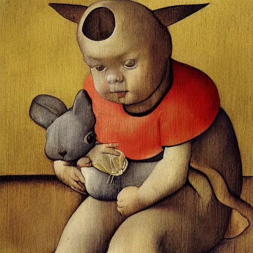 Image similar to little girl, bunny suit, artwork in hieronymus bosch art style, inspired in balthus, clean details, baby color palette, candy, anatomically proportional, hd