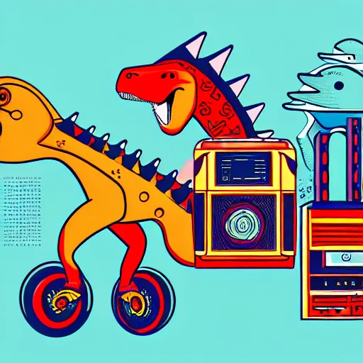 Image similar to memphis design, retro, 90s, detailed illustration, dinosaur samurai with a boombox