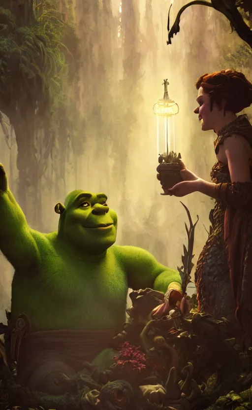 Image similar to shrek dragon gorgeous lighting by weta studio, mucha, bautista and norman rockwell and greg rutkowski and tom bagshaw and james gurney and lucasfilm