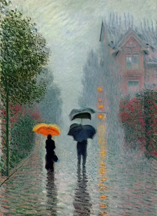 Prompt: rainy day in suburbs, made by Hugo Heyrman!!!!!!!!!!!, Digital matte art, by Oscar-Claude Monet