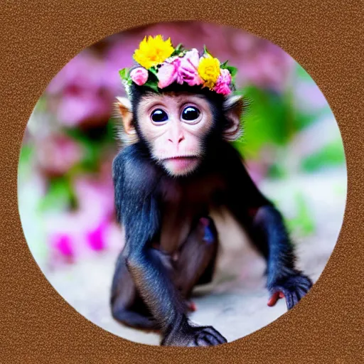 Prompt: cute baby monkey with flower crown fisheye lens