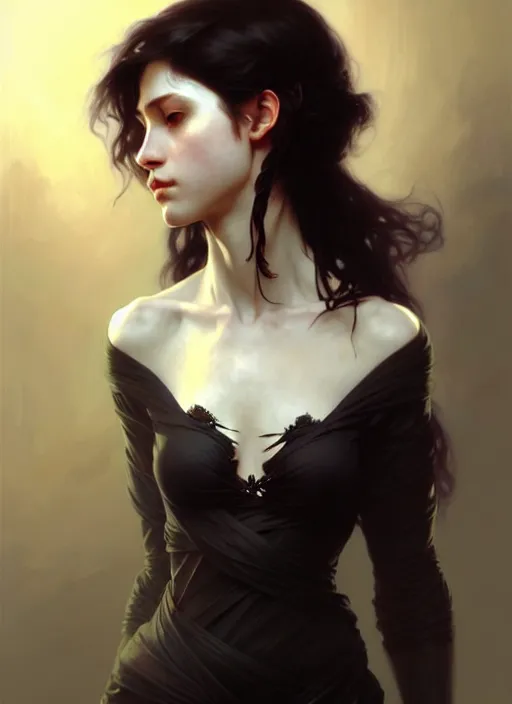 Image similar to character concept portrait of an attractive young Spanish female wizard with pale skin, dark vibe, intricate, elegant, digital painting, concept art, smooth, sharp focus, illustration, from Metal Gear, by Ruan Jia and Mandy Jurgens and William-Adolphe Bouguereau, Artgerm,