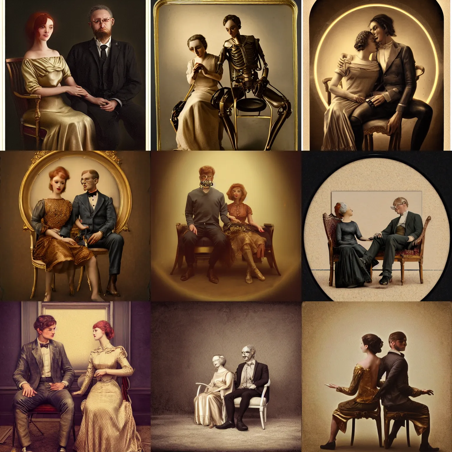 Prompt: a beautiful ultradetailed fine art old vintage photo of a husband and wife cyborg couple sitting on a chair, by tom bagshaw, vignette, 35mm lens, golden ratio composition, studio photography, very detailed, artstation, 8k, highly coherent