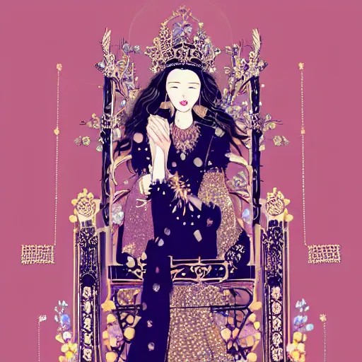 Image similar to a beautiful black haired woman with pale skin and a crown on her head sitted on an intricate metal throne, flower decoration on the background, beautiful illustration, atmosphere, top lighting, perfect composition, smooth, highly detailed, art by so - bin and yuhong ding and chengwei pan,