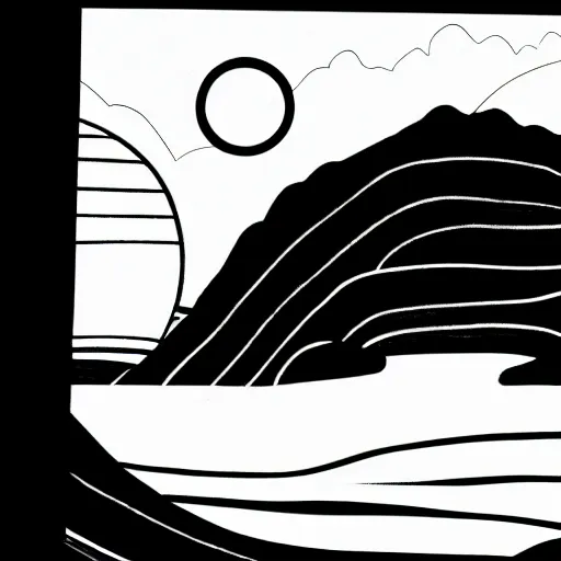 Image similar to a lineart illustration about a rising sun on a landscape, negative space is allowed, black ink on white background, smooth curves