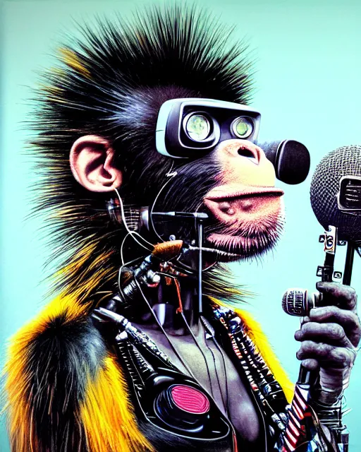 Image similar to a portrait of an anthropomorphic cyberpunk rockstar chimp singing into a microphone on a stand by sandra chevrier, by jon foster, detailed render, tape deck, epic composition, cybernetics, 4 k realistic, cryengine, realistic shaded lighting, sharp focus, masterpiece, by enki bilal