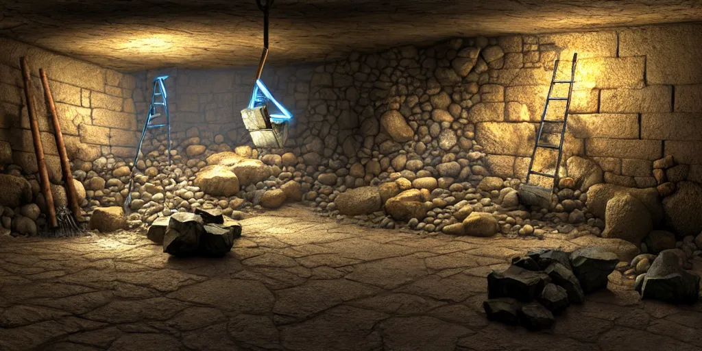 Image similar to hyperrealistic mixed media painting of an underground mine and mineshaft with metal ore visible in the rocky wall and a pickaxe laying on the ground, stunning 3d render inspired art by P. Craig Russell and Barry Windsor-Smith + dim volumetric lighting, dizzy, full body, 8k octane beautifully detailed render, post-processing, extremely hyperdetailed, intricate, epic composition, grim yet sparkling atmosphere, cinematic lighting + masterpiece, trending on artstation, very very detailed, masterpiece, stunning