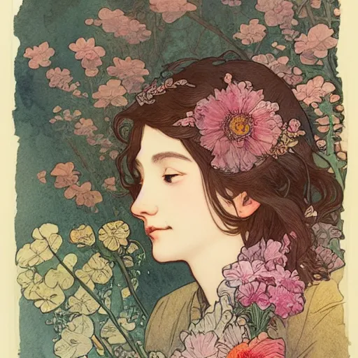 Prompt: a beautiful intricate watercolor illustration of a dreaming girl with flowers, leaves, 4 k, ultra - wide angle, by william turner, by victo ngai, by alphonse mucha, by moebius, by gustave dore, hd, trending on artstation, hyper detailed, muted intense colors