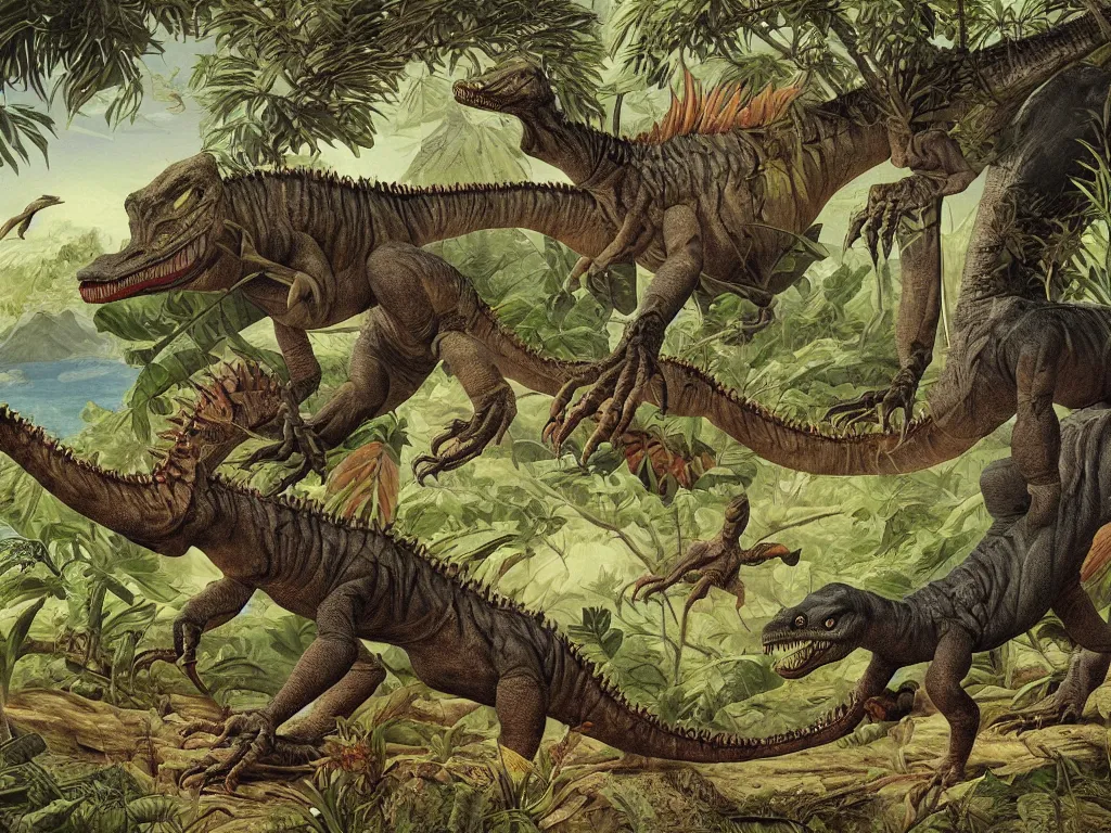 Prompt: Mutant dinosaur trapped in a ravine. Painting by Luigi Serafini, Walton Ford, Audubon