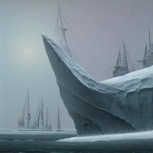 Image similar to an ice ship by Zdzisław Beksiński, oil on canvas