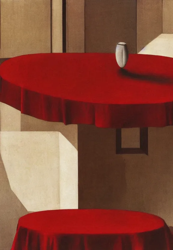 Prompt: a red object on a table in a vast room, by marcel duchamp, archival pigment print, 1 9 2 0, academic art, conceptual art