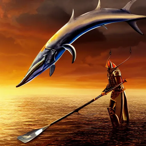 Prompt: lord sauron on his new paddle fishing a giant swordfish, digital art, trending on art station, high quality, uhd 8 k, beautiful, golden hour, intricate detail, high gradient, raytracing
