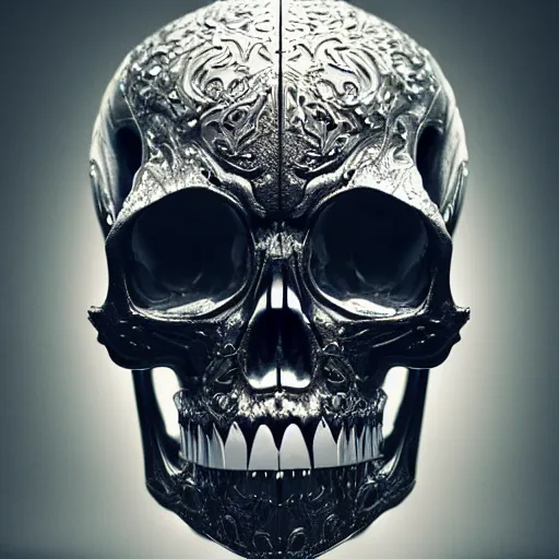 Image similar to portrait of a chrome carved skull. highly detailed. intricate artwork. by Tooth Wu, wlop, beeple, dan mumford. octane render, trending on artstation, greg rutkowski very coherent symmetrical artwork. cinematic, hyper realism, high detail, octane render, 8k, depth of field, bokeh. dripping mirror