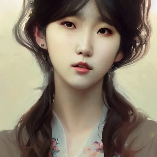 Image similar to IU, Korean Idol, Korean Artist, highly detailed, digital painting, artstation, concept art, smooth, sharp focus, illustration, ArtStation, art by greg rutkowski and alphonse mucha