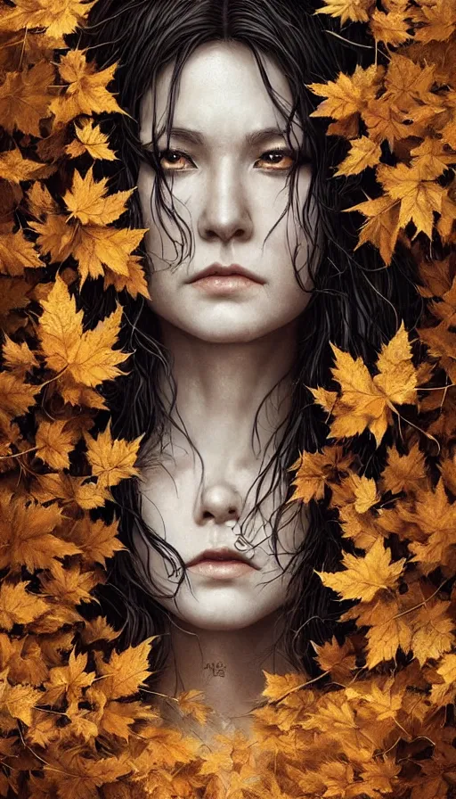 Image similar to golden leaves at frame border, creative!!! composition for a book cover!!!, absurdly beautiful, ultrafine hyperrealistic detailed old witch face by wlop and artgerm and greg rutkowski, intricate linework, sharp focus, smooth, octopath traveler, final fantasy, unreal engine, dramatic lighting, ethereal, 8 k