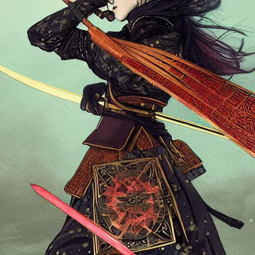 Image similar to a tarot card of a female samurai, flaming katana, ominous nighttime storm, fantasy, d & d, intricate, elegant, highly detailed, digital painting, artstation, concept art, matte, sharp focus, illustration, art by john collier and albert aublet and krenz cushart and artem demura and alphonse mucha