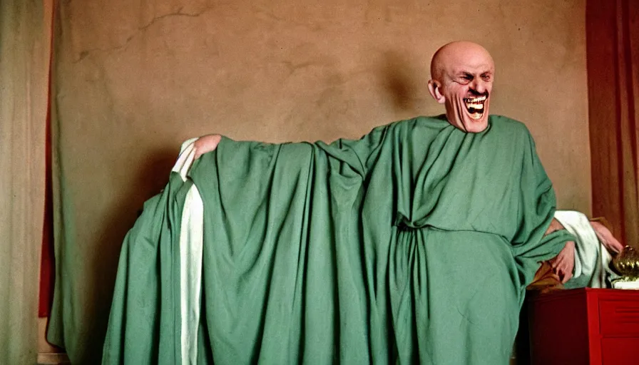 Prompt: 1 9 6 0 s movie still of chrysippus laughing to death in green drapery in a ancient greek bedroom, cinestill 8 0 0 t 3 5 mm, high quality, heavy grain, high detail, texture, dramatic light, anamorphic, hyperrealistic