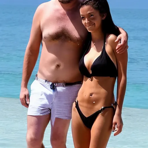 Image similar to photo of a 4 0 year old man that looks young for his age dating a very attractive and completely legal 1 8 year old woman wearing a bikini.