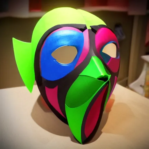 Prompt: majoras mask as a realistic wearable mask. polygonal. very colorful.