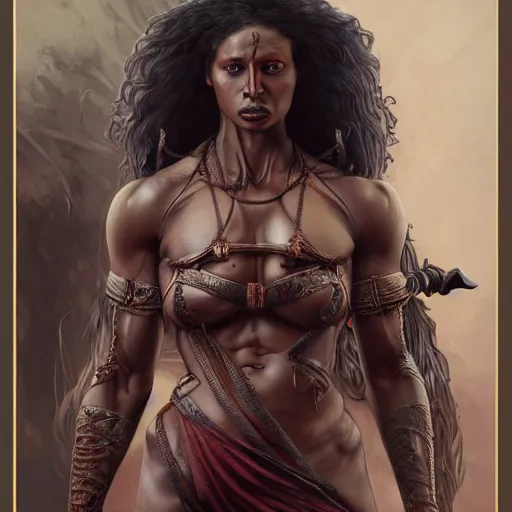 Prompt: wide painting of dark muscular oiled bengoli woman, bloody, carrying a sword, symmetric, ultra realistic, concept art, intricate details, eerie, highly detailed, photorealistic, octane render, 8 k, unreal engine. art by artgerm and greg rutkowski and alphonse mucha