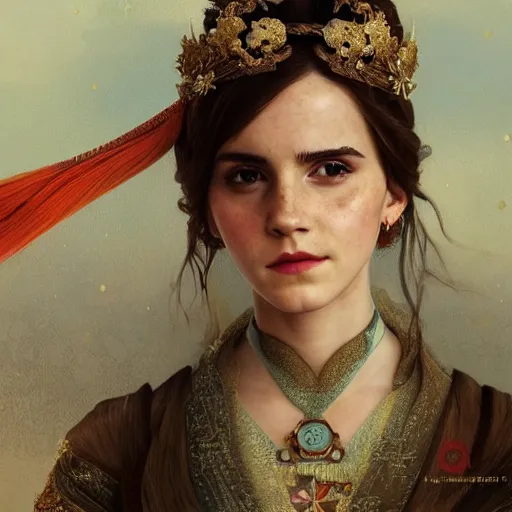 Image similar to a highly detailed portrait of emma watson as a medieval chinese princess, beautiful detail and color, art by john collier and albert aublet and krenz cushart and artem demura and alphonse mucha, volumetric lighting, octane render, 4 k resolution, trending on artstation, masterpiece