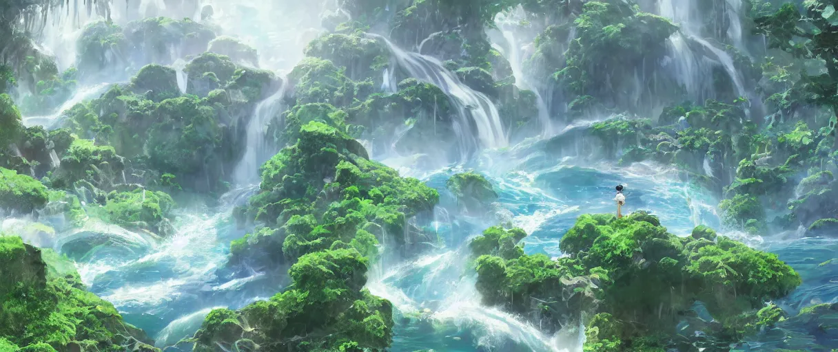 Image similar to a small crumbling island with waterfalls flowing off the island, floating in space, studio ghibli, digital art, detailed, depth of field