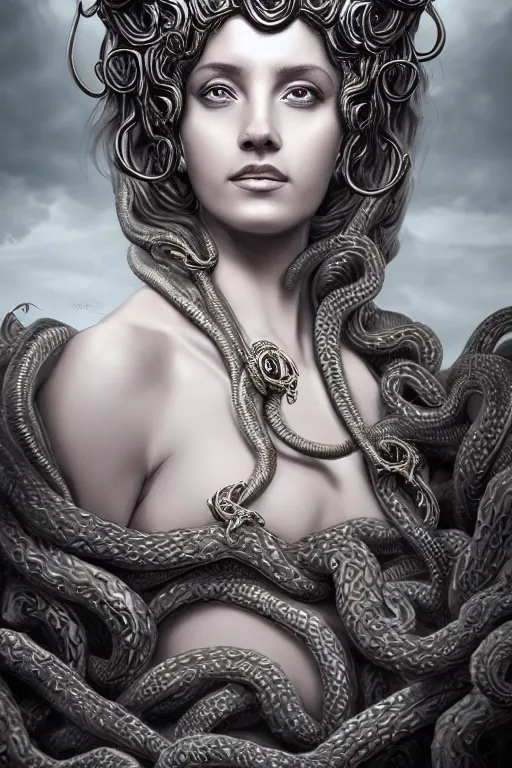 Prompt: a detailed matte portrait of medusa mother of the gorgons, elaborate regal reliefe, clouds, shrouded, trending on artstation, photorealistic, cgi, 8 k