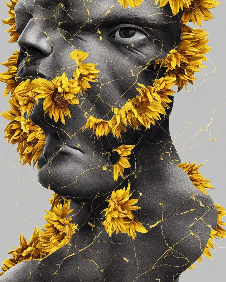 Prompt: symmetrical painting of a fractured obsidian greek statue of a topaz sunflowers fixed with kintsugi, rendered in octane trending on cgsociety. extremely detailed and intricate art