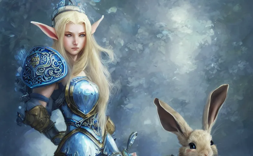 Image similar to young blonde female elf warrior in blue and white armor, surrounded by rabbit knights, epic wallpaper, high fantasy, flowers and trees, intricate detail, digital painting, artstation, concept art, smooth, sharp focus, illustration, art by wlop and raymond swanland and ross tran