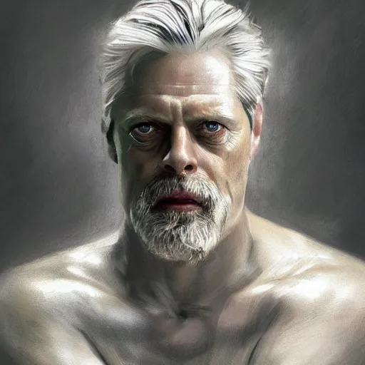 Prompt: painted portrait of rugged [ steve buscemi ], god of thunder, greek god, white hair, masculine mature ruggedly handsome beefy brawny [ chest hair ] upper body torso robe fantasy intricate elegant highly detailed digital painting, artstation, concept art, smooth, atmospheric lighting sharp focus illustration art by craig mullins greg rutkowski