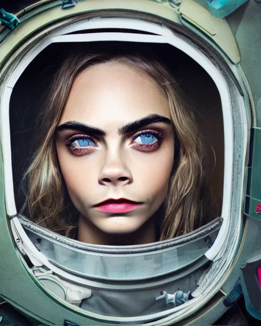 Image similar to closeup face profile portrait of cara delevingne as a soviet chernobyl space toy, bikini, depth of field, zeiss lens, detailed and intricate environment, fashion photoshoot by nicoletta ceccoli, mark ryden, lostfish, breathtaking, 8 k resolution, artistic, hyperrealistic, octane render