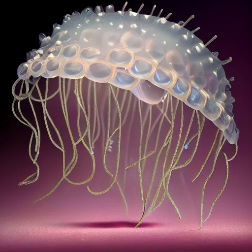 Image similar to closeup of a luminous jelly fish armor. soft. fragile. by ray caesar. by anna claren. surreal photography