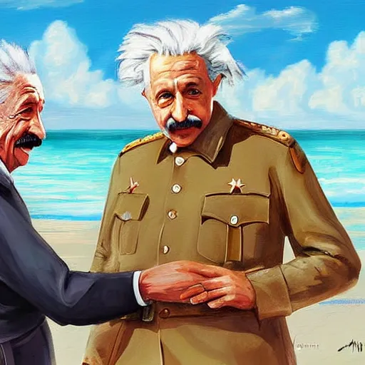 Prompt: Albert Einstein discussing a war strategy with Stalin on a caribbean beach while drinking rum, digital painting, concept art, detailed