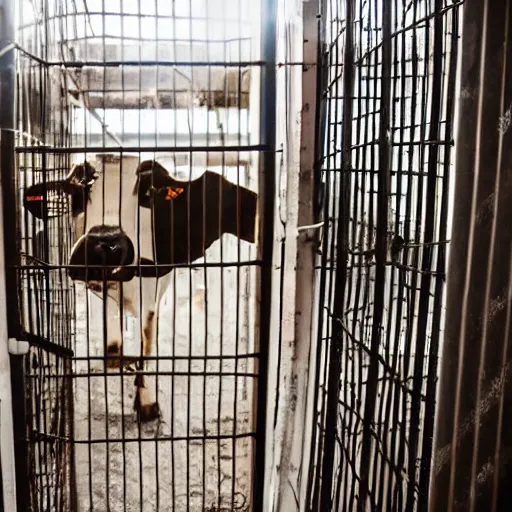 Image similar to dirty bottle of milk and a cow inside a cage, inside slaughterhouse