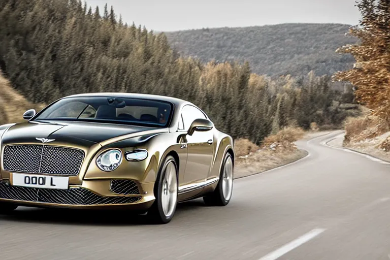 Prompt: Bentley Continental GT in shiny gold film drives along old Russian village road with houses houses around the edges