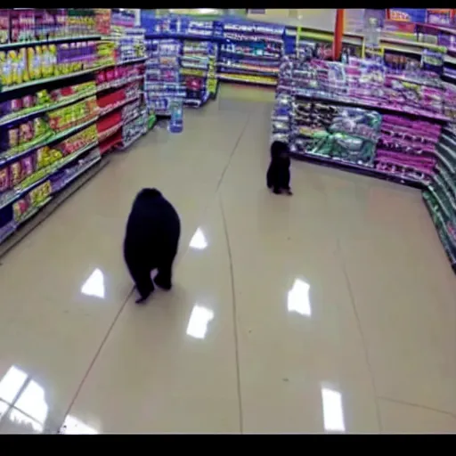 Image similar to cctv footage of gorilla in walmart, high angle security camera feed, blurry and glitchy,