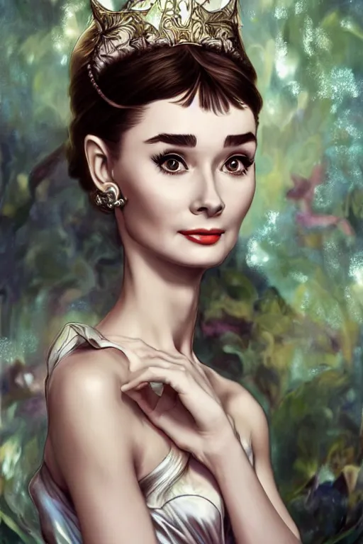 Image similar to Audrey Hepburn, cute, fantasy, intricate, elegant, highly detailed, digital painting, 4k, HDR, concept art, smooth, sharp focus, illustration, art by artgerm and H R Giger and alphonse mucha