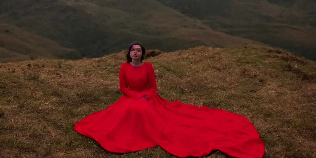 Image similar to film still of closeup a woman in a red dress, sitting on a throne. on a mountain of dead knights. one knight standing on one knee below by emmanuel lubezki