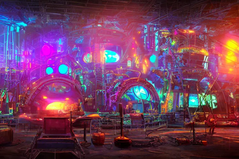 Image similar to a festival stage, bandname is tripmachine, center of the stage are two huge futuristic steampunk generators inside a huge steampunk engine, 8 k, fluorescent colors, halluzinogenic, multicolored, exaggerated detailed, unreal engine