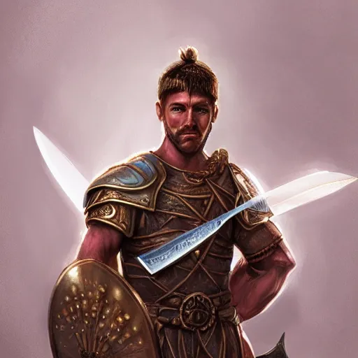 Image similar to portrait of an ancient roman warrior armed with a glowing-white claymore sword D&D, fantasy, elegant, hopeful, cosmic, muscular, highly detailed, digital painting, artstation, concept art, smooth, sharp focus, illustration