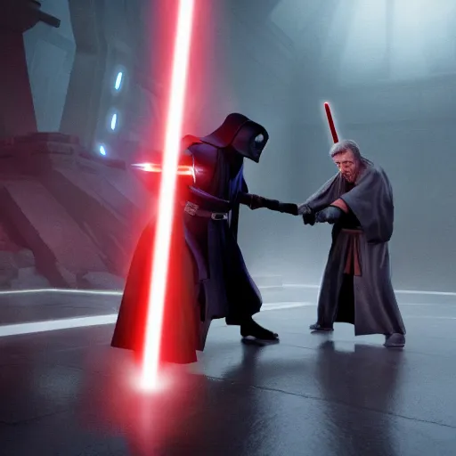 Prompt: A sith fighting a Jedi in the Jedi temple. Epic, cinematic lighting, dreary, other worldly.