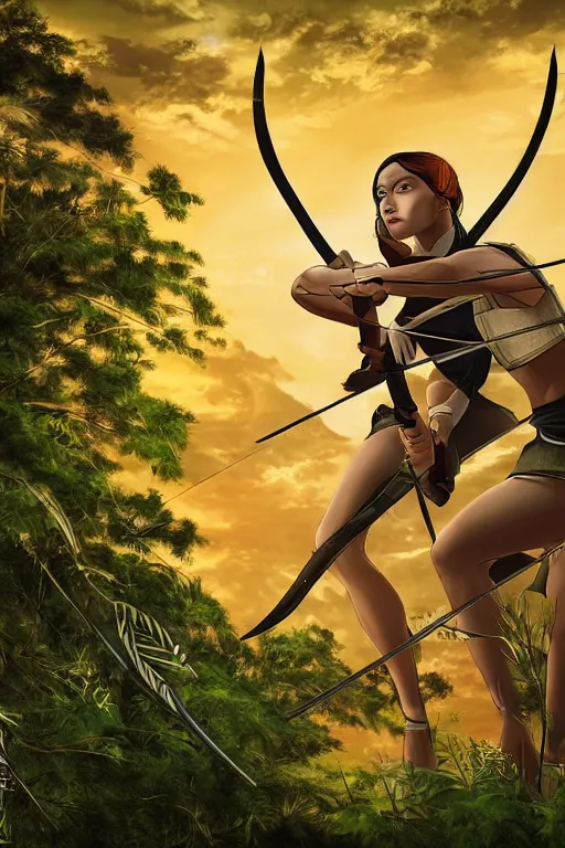 Image similar to female archer with leafy black hair crouching on sunset forest. high detail