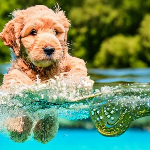Prompt: Golden labradoodle puppy snorkelling with a snorkel on his face