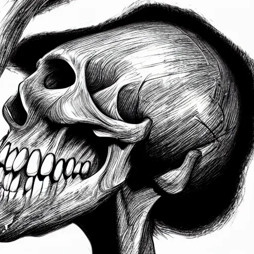 Image similar to line drawing of a hyperrealistic skull wailing in agony, lovecraftian style, hatching, hd, 8k, trending on artstation, extremely detailed, dark