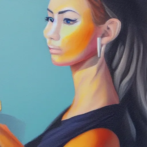 Image similar to painting detailed portrait woman using computer
