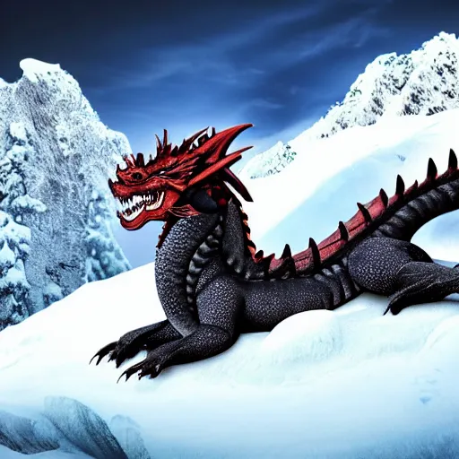 Prompt: Western dragon majestic and powerful resting curled up atop a mountain in the snow. 4k, hyper realistic